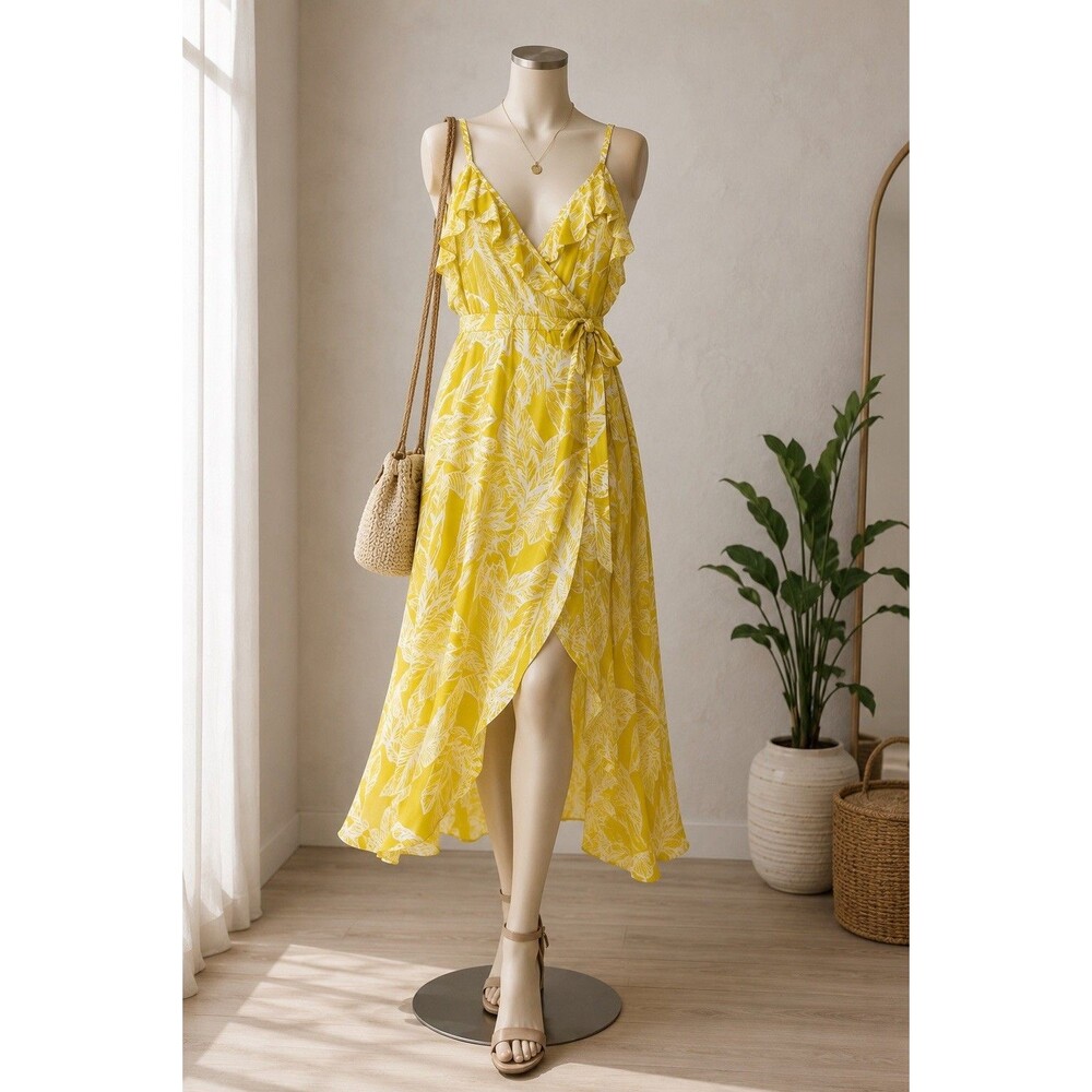 Torrid Chiffon Wrap Dress Yellow Tropical Floral Midi Summer Size 0